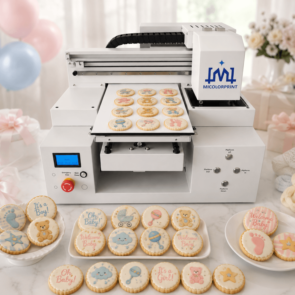 Print baby names, icons, themed colors and party messages for personalized baby shower cookie sets.