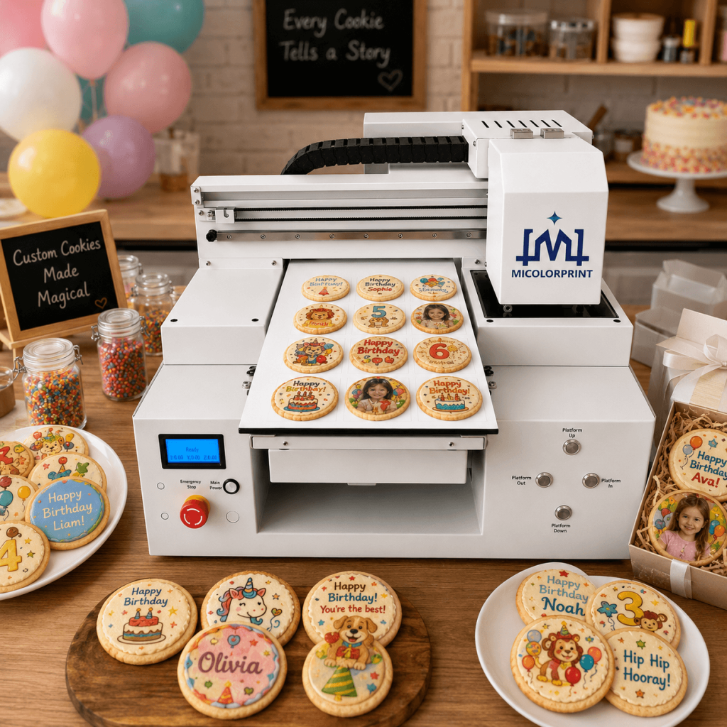 A cookie printer helps the studio print names, images and colorful birthday themes quickly for different customers.