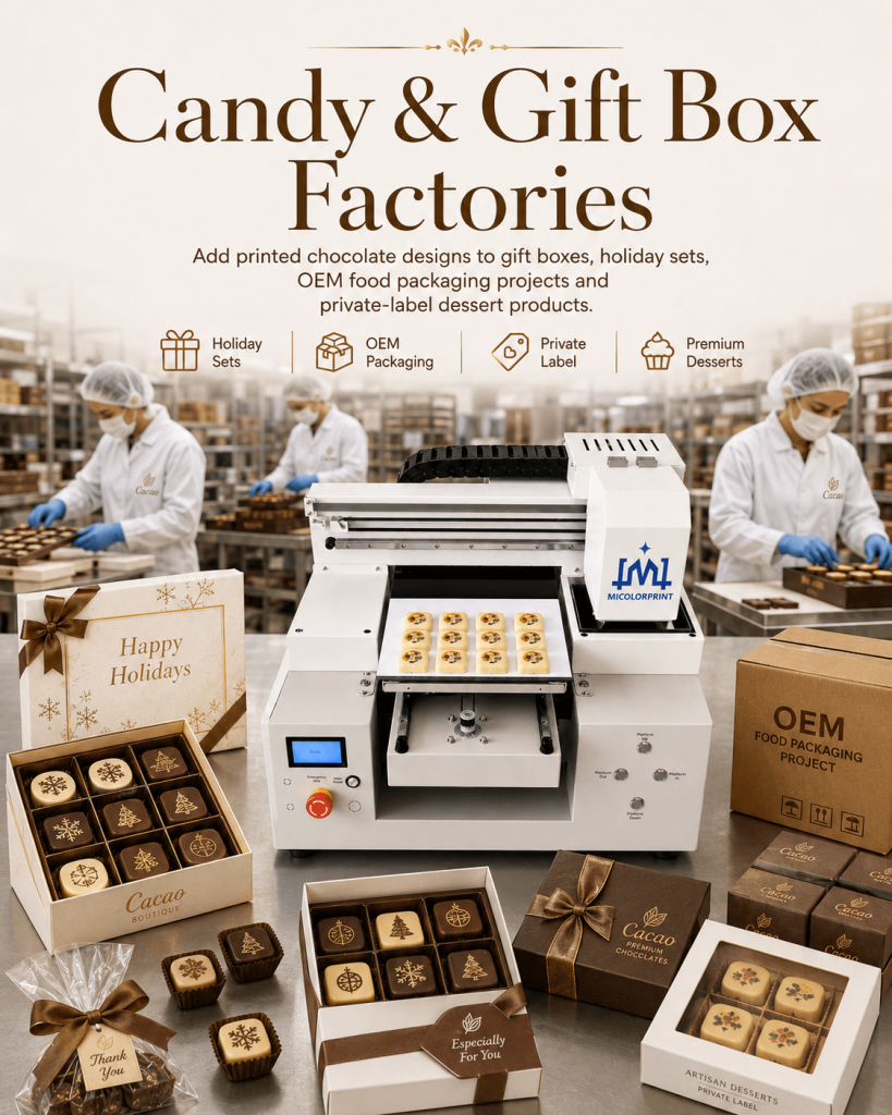 Add printed chocolate designs to gift boxes, holiday sets, OEM food packaging projects and private-label dessert products.