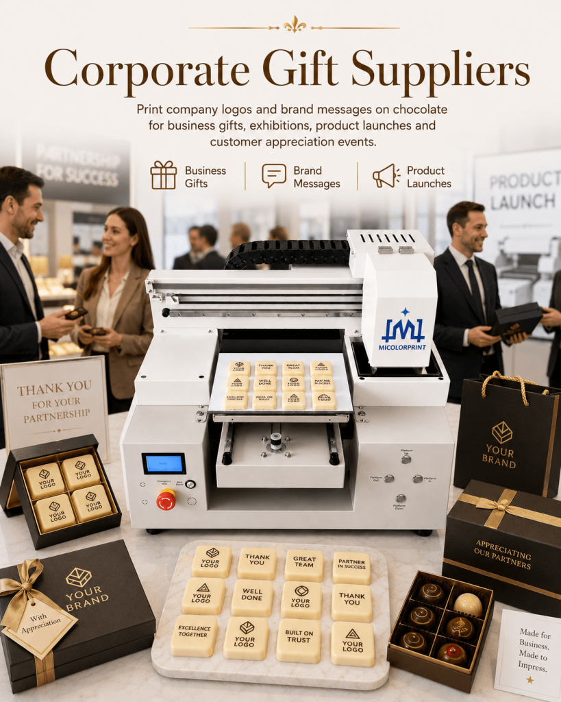 Print company logos and brand messages on chocolate for business gifts, exhibitions, product launches and customer appreciation events.