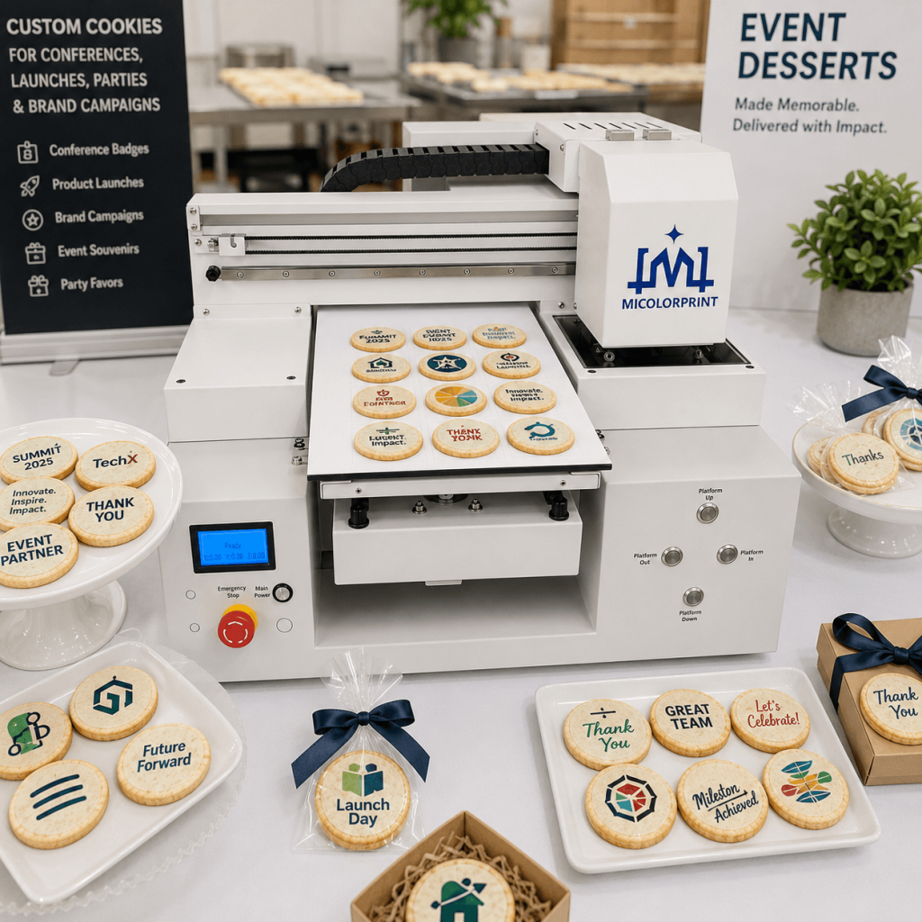 A cookie printer allows suppliers to change design files quickly and produce small-batch event cookies more flexibly.