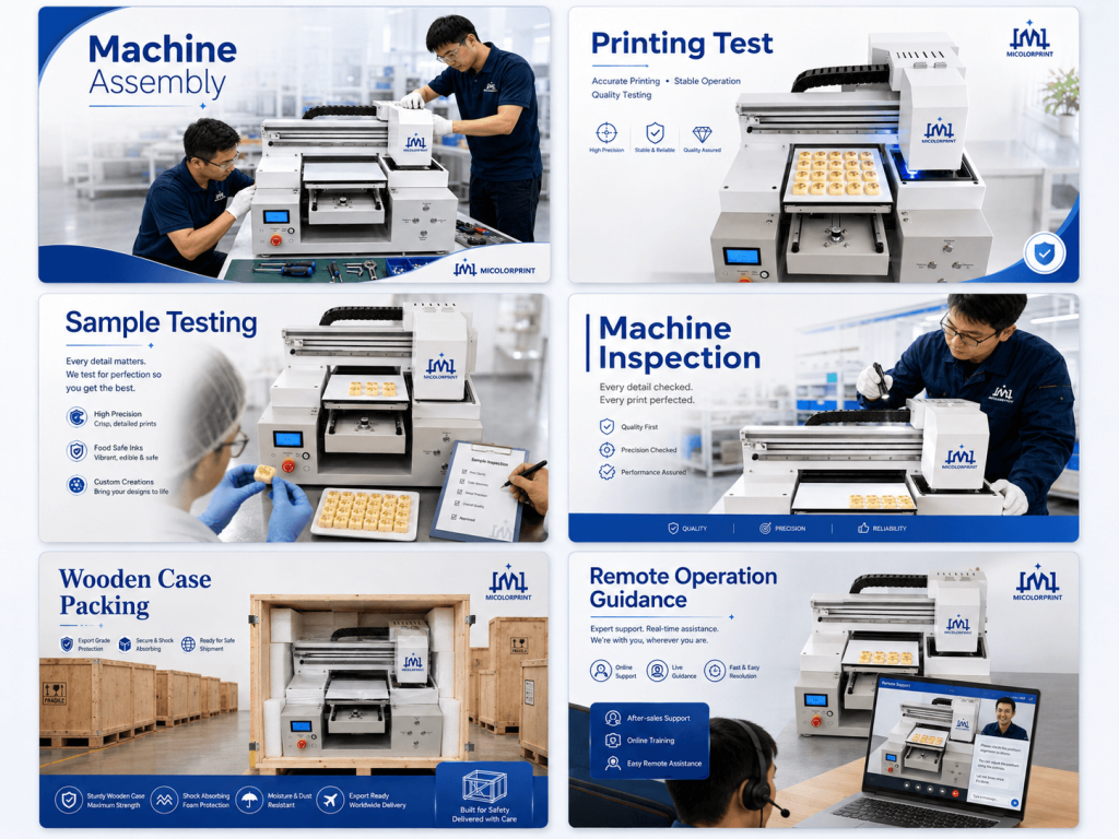 International buyers often worry about supplier reliability, machine testing, packing safety and after-sales support. As a factory supplier of edible printing machines, we help customers reduce purchasing risk through machine inspection, sample testing and remote guidance.