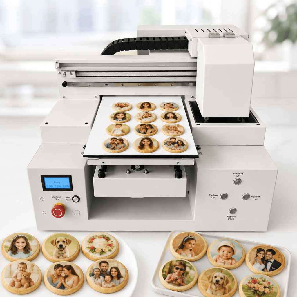Photo cookies are hard to make manually. A cookie printer allows you to print portraits, customer photos and personalized images on suitable cookie surfaces.