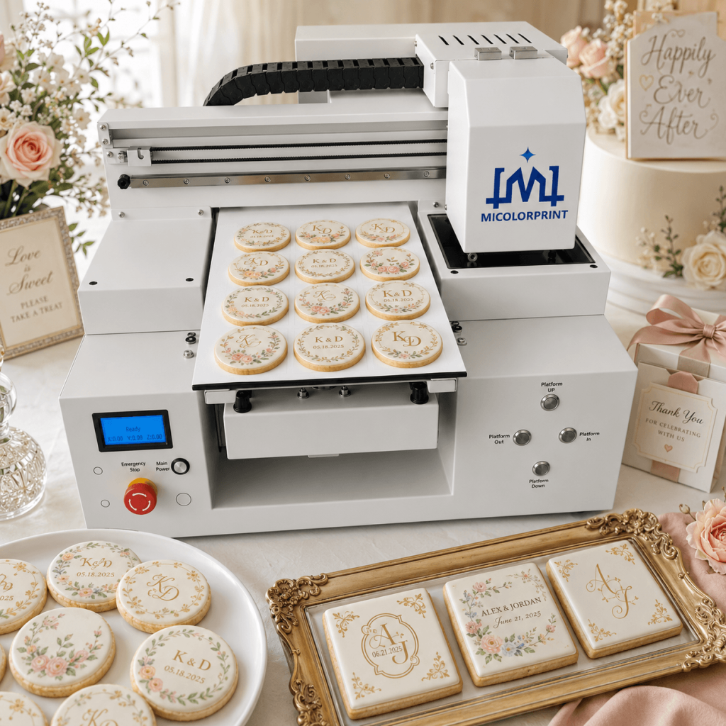 With a cookie printer machine, the bakery can print elegant wedding designs directly on icing cookies and produce personalized wedding favors more efficiently.
