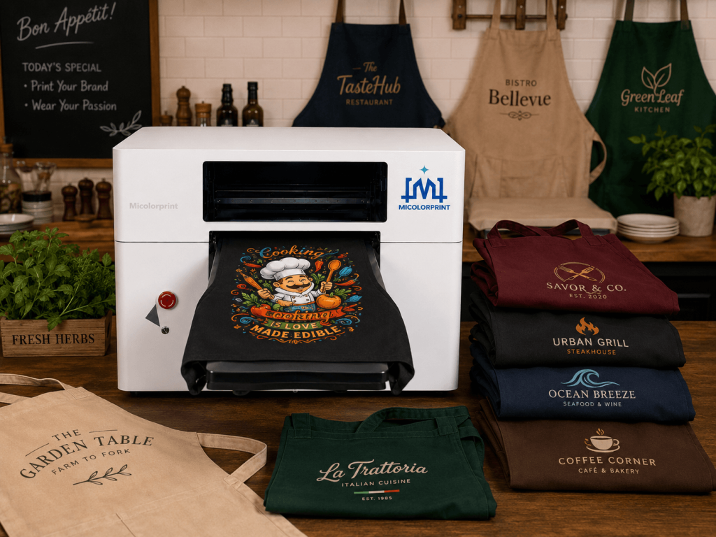 Print restaurant logos, names, decorative patterns, and promotional designs on fabric aprons.