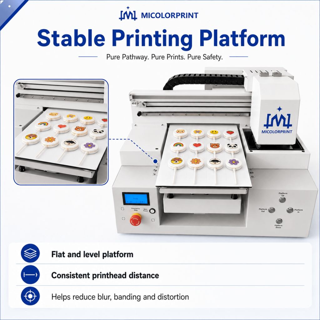 A level platform helps maintain a consistent printhead distance.