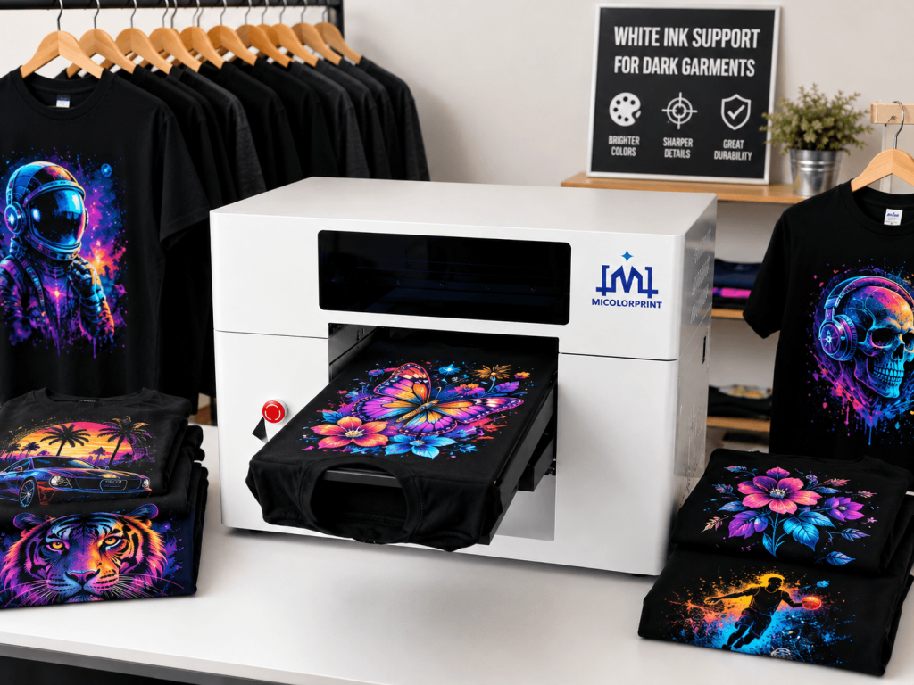 White ink helps colorful artwork appear clear and vivid on black or dark cotton T-shirts.