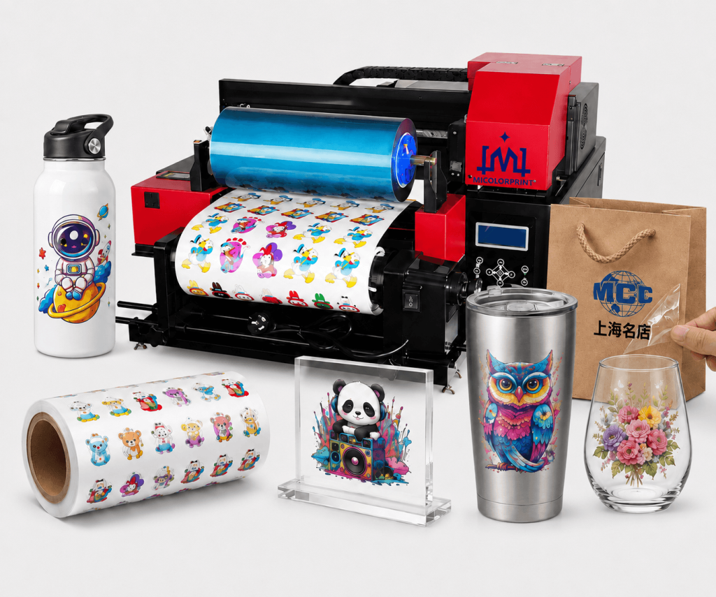 Small UV DTF printer with printed transfer film and customized bottles