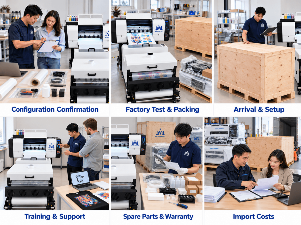 dtf printer for Configuration confirmation, factory testing and packaging, arrival inspection, training, spare parts warranty, import costs