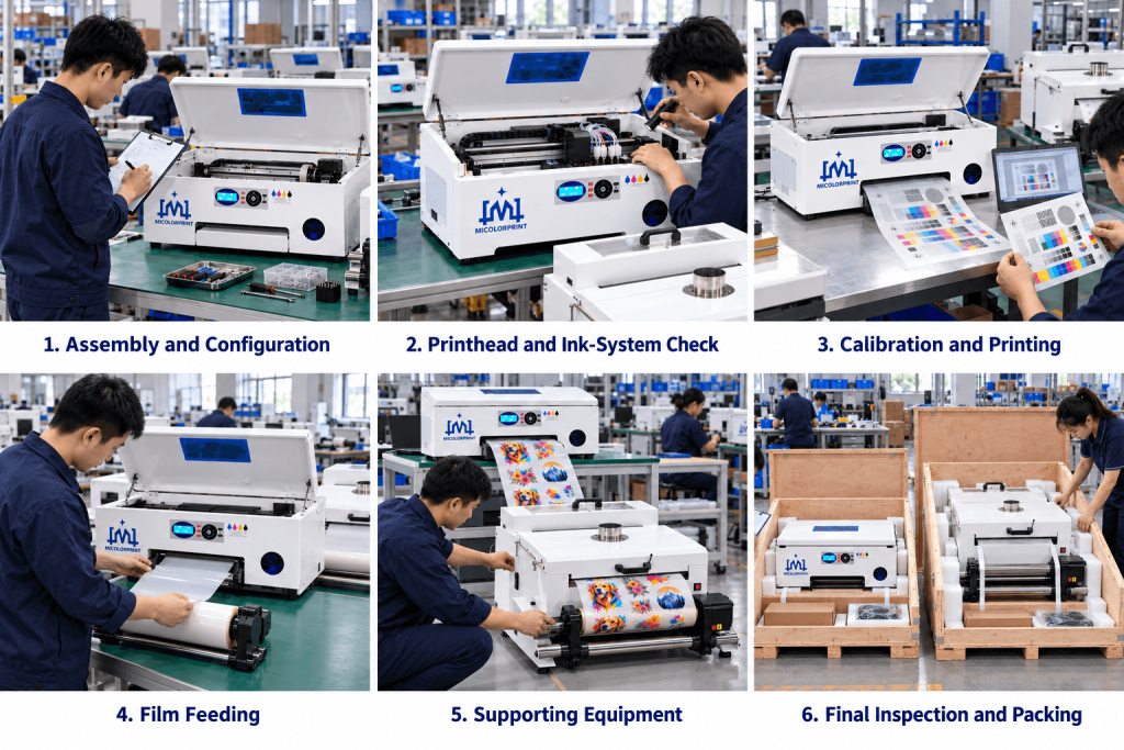 A3/30cm dtf printer for Assembly and Configuration, Printhead and Ink-System Check, Calibration and Printing , Film Feeding , Supporting Equipment , Final Inspection and Packing