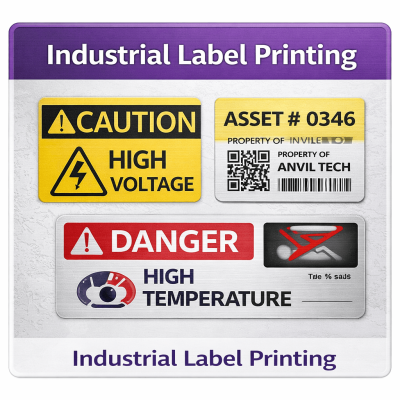 Industrial Label Printing Produce high-durability industrial labels with clear text, symbols, and barcodes. UV printing ensures resistance to heat, chemicals, and abrasion, making it suitable for machinery labeling and safety identification.
