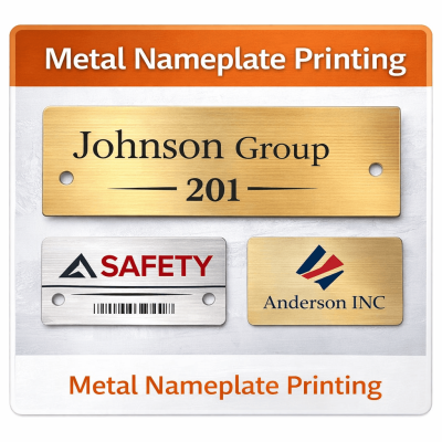 Metal Nameplate Printing Create precise and durable metal nameplates with sharp text, logos, and full-color graphics. UV printing provides excellent detail and wear resistance, perfect for equipment tags, branding plates, and industrial identification.